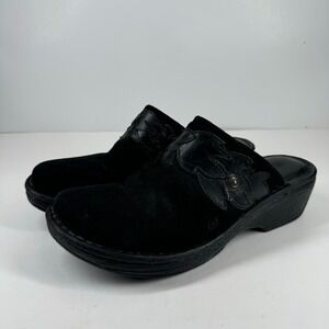 Born Pittina Women's US 11/43 Black Leather Floral Comfort Clog‎ Mules BS4603